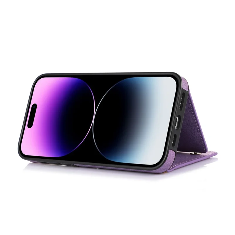 For iPhone 16 Pro Case Wallet RFID Blocking TPU Leather Phone Cover with Lanyard - Purple