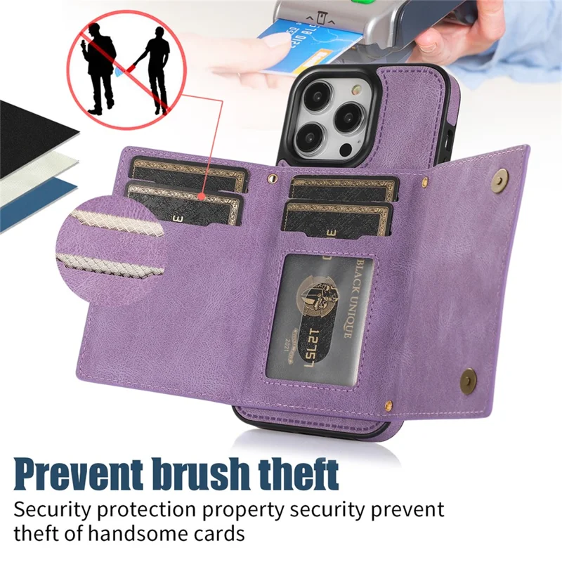 For iPhone 16 Pro Case Wallet RFID Blocking TPU Leather Phone Cover with Lanyard - Purple