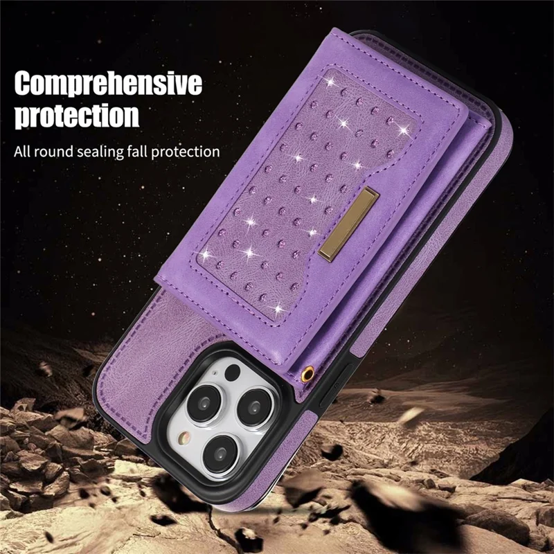 For iPhone 16 Pro Case Wallet RFID Blocking TPU Leather Phone Cover with Lanyard - Purple