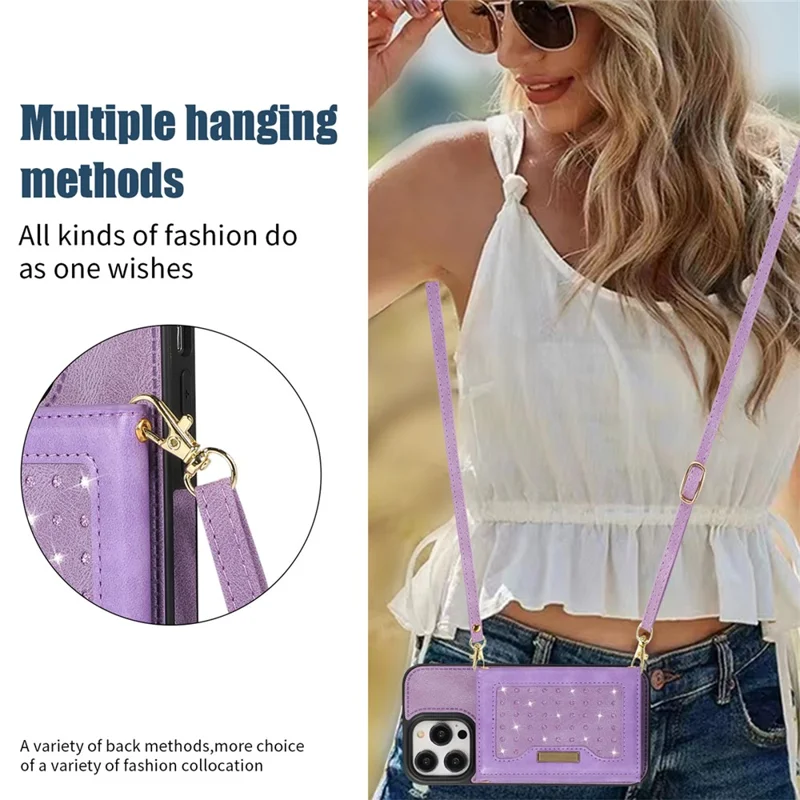 For iPhone 16 Pro Case Wallet RFID Blocking TPU Leather Phone Cover with Lanyard - Purple