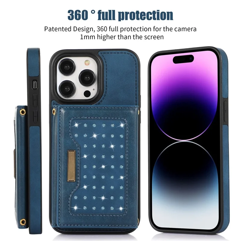For iPhone 16 Pro Case Wallet RFID Blocking TPU Leather Phone Cover with Lanyard - Blue