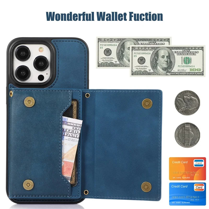 For iPhone 16 Pro Case Wallet RFID Blocking TPU Leather Phone Cover with Lanyard - Blue