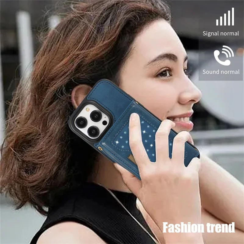 For iPhone 16 Pro Case Wallet RFID Blocking TPU Leather Phone Cover with Lanyard - Blue