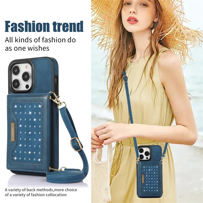 For iPhone 16 Pro Case Wallet RFID Blocking TPU Leather Phone Cover with Lanyard - Blue