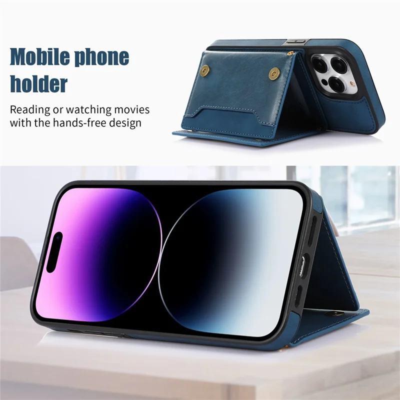 For iPhone 16 Pro Case Wallet RFID Blocking TPU Leather Phone Cover with Lanyard - Blue