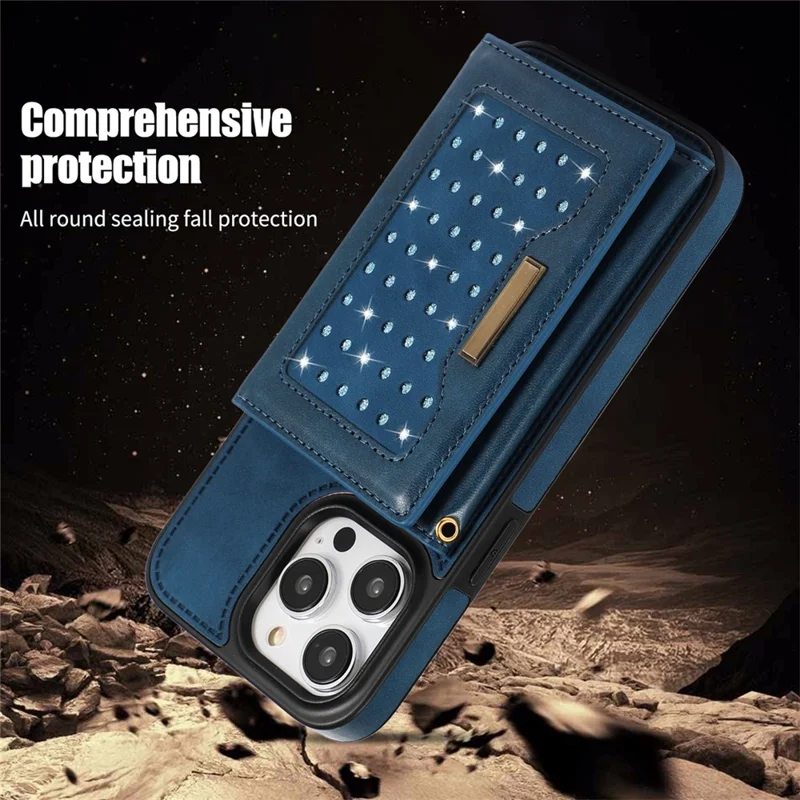 For iPhone 16 Pro Case Wallet RFID Blocking TPU Leather Phone Cover with Lanyard - Blue
