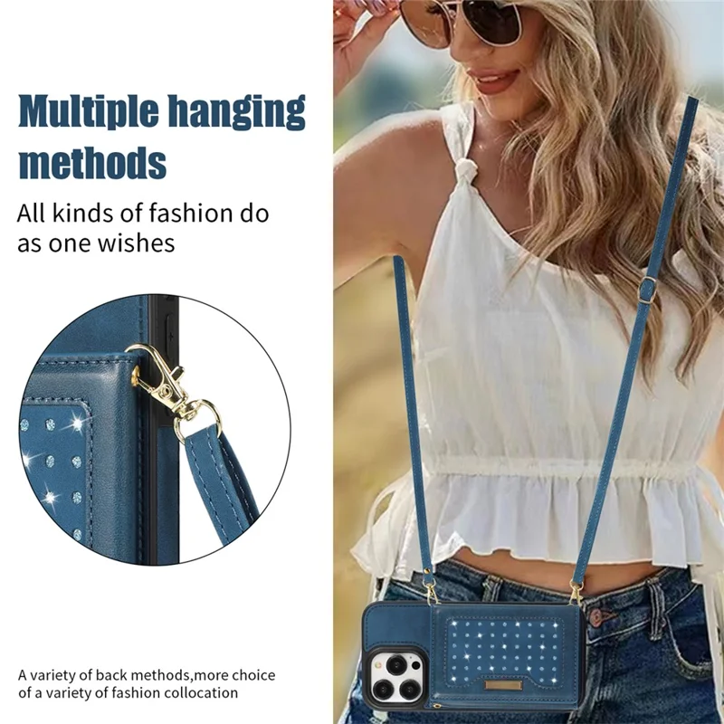 For iPhone 16 Pro Case Wallet RFID Blocking TPU Leather Phone Cover with Lanyard - Blue