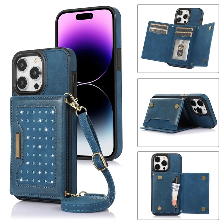 Чехол-кошелек с подставкой для iPhone 16 Pro Max, с ремешком-шнурком, TPU, искусственная кожа, с блокировкой RFID - синий