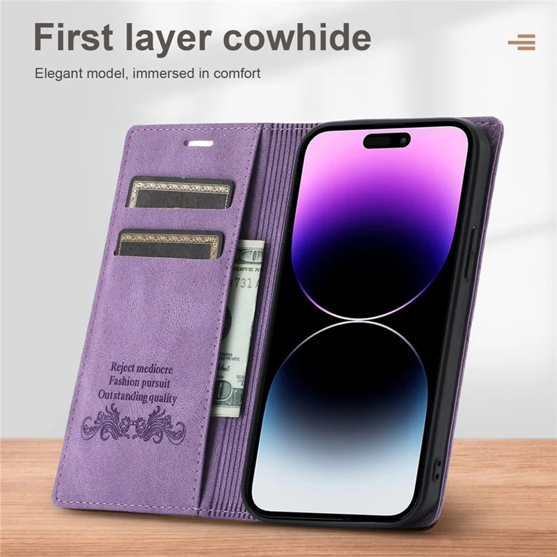 For iPhone 16 Pro Wallet Case Magnetic Closing Leather Phone Cover - Purple