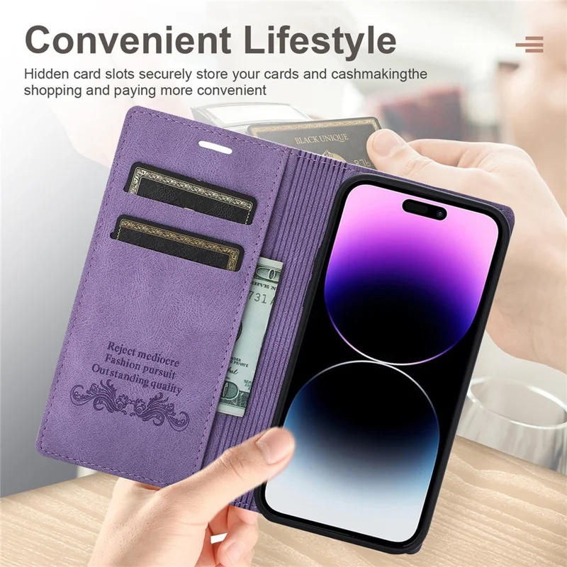 For iPhone 16 Pro Wallet Case Magnetic Closing Leather Phone Cover - Purple