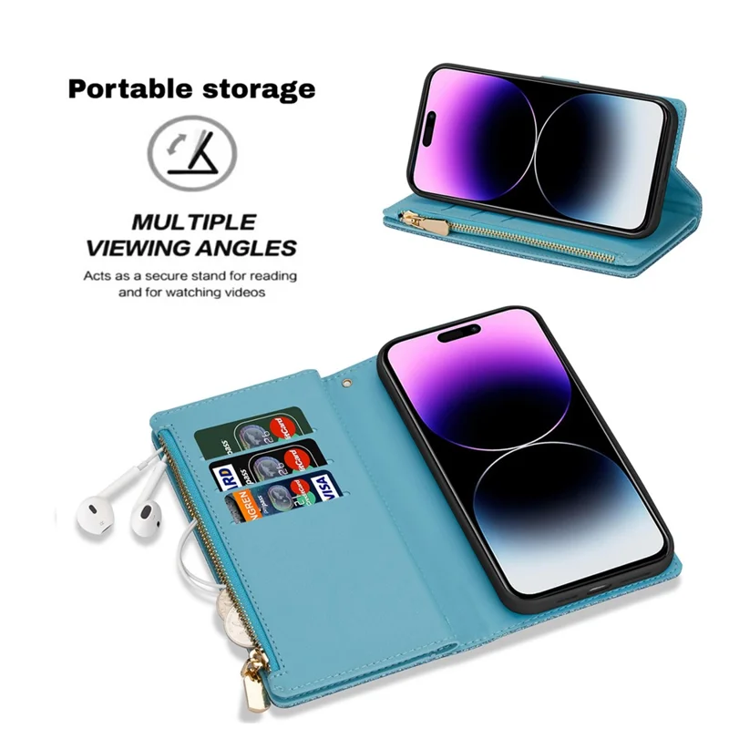 Til iPhone 16 Pro Case Stjernetælle Skærværk Læder Wallet Telefonbeskyttelse - Blå