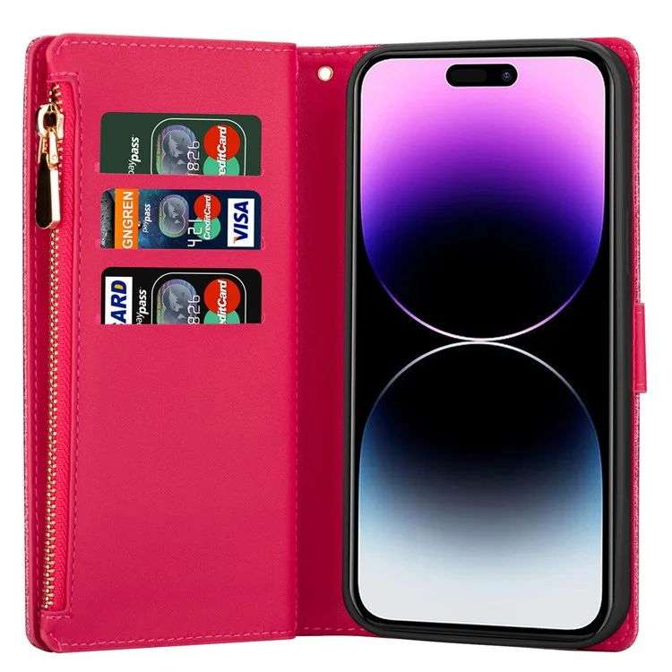 Für iPhone 16 Pro Hülle Sternenhimmel Gravur Leder Geldbörse Handyhülle - Rose