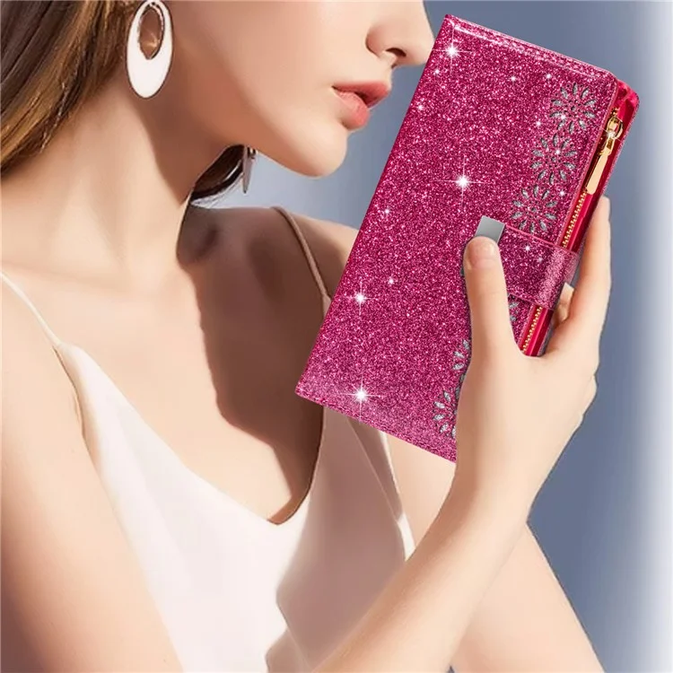 Für iPhone 16 Pro Hülle Sternenhimmel Gravur Leder Geldbörse Handyhülle - Rose
