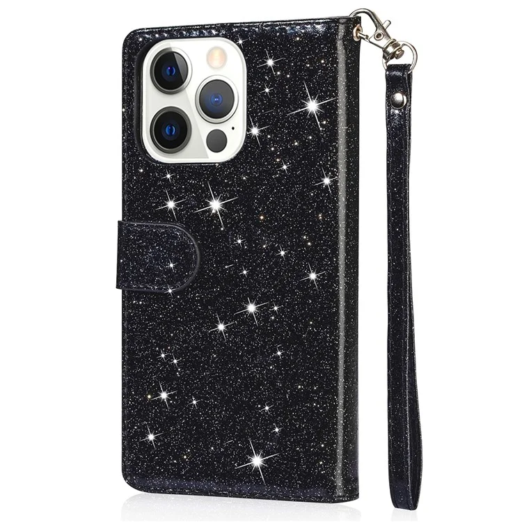 For iPhone 16 Pro Stand Case Glitter Phone Leather Cover Zipper Pocket - Black