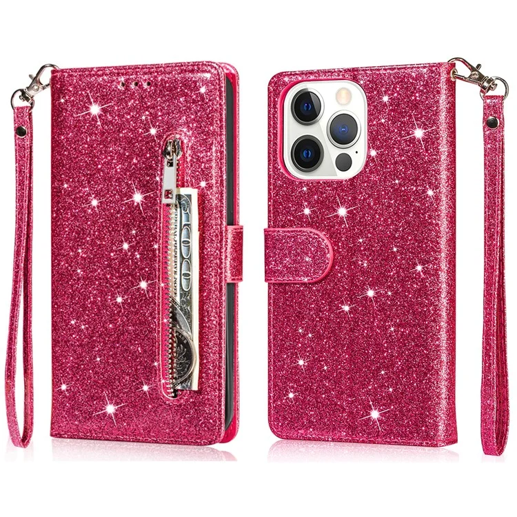 Custodia in pelle con glitter per iPhone 16 Pro, cover con chiusura a cerniera e tasca - Rosa