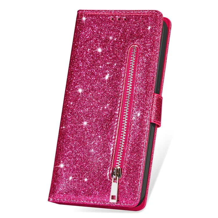Custodia in pelle con glitter per iPhone 16 Pro, cover con chiusura a cerniera e tasca - Rosa