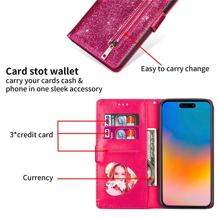 Custodia in pelle con glitter per iPhone 16 Pro, cover con chiusura a cerniera e tasca - Rosa