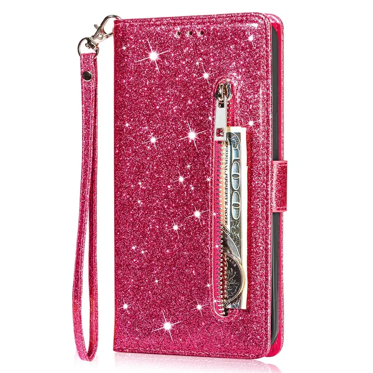 Custodia in pelle con glitter per iPhone 16 Pro, cover con chiusura a cerniera e tasca - Rosa