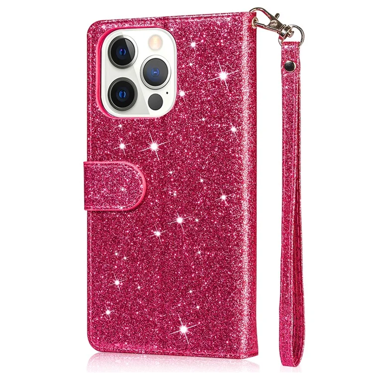 Custodia in pelle con glitter per iPhone 16 Pro, cover con chiusura a cerniera e tasca - Rosa