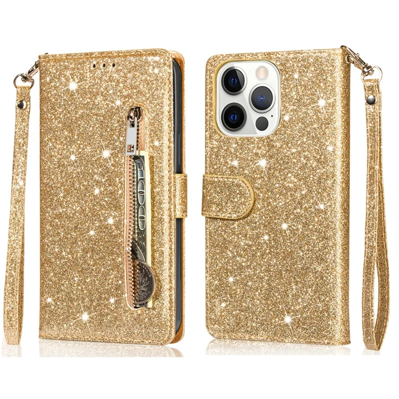 For iPhone 16 Pro Max Case Glitter Leather Stand Phone Cover Zipper Pocket - Gold