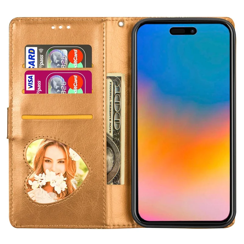 For iPhone 16 Pro Max Case Glitter Leather Stand Phone Cover Zipper Pocket - Gold