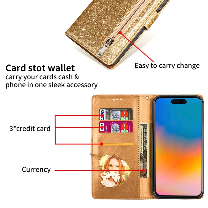 For iPhone 16 Pro Max Case Glitter Leather Stand Phone Cover Zipper Pocket - Gold