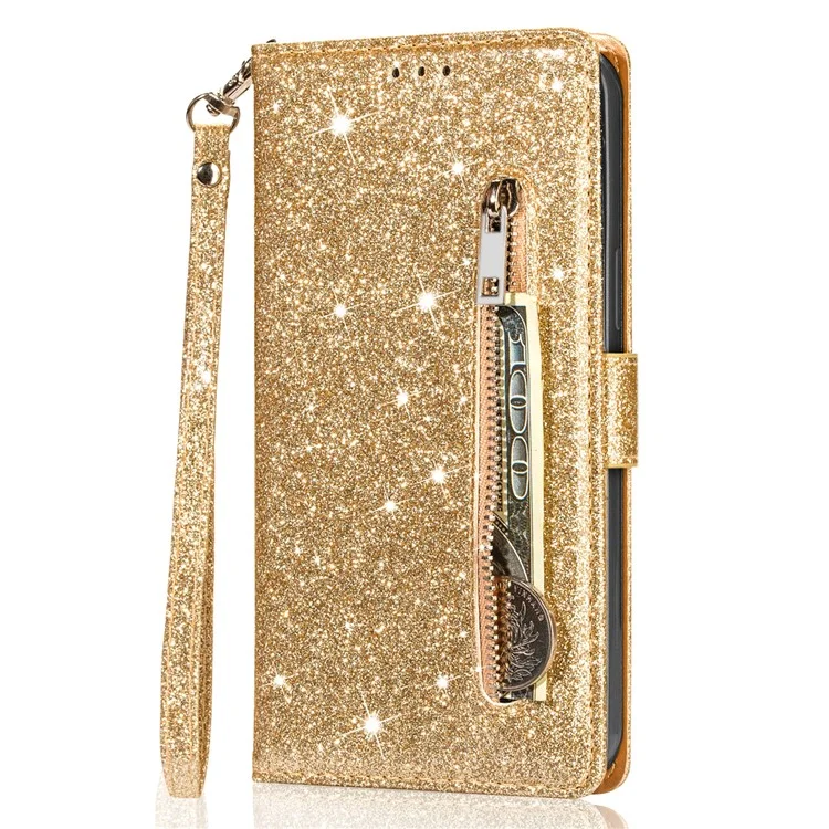 For iPhone 16 Pro Max Case Glitter Leather Stand Phone Cover Zipper Pocket - Gold