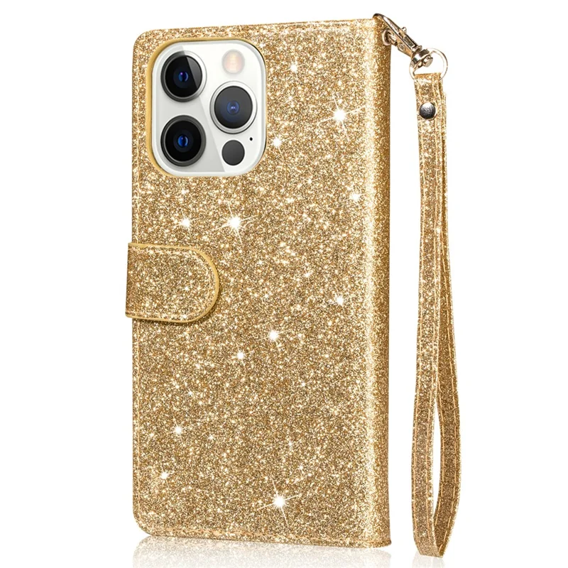For iPhone 16 Pro Max Case Glitter Leather Stand Phone Cover Zipper Pocket - Gold