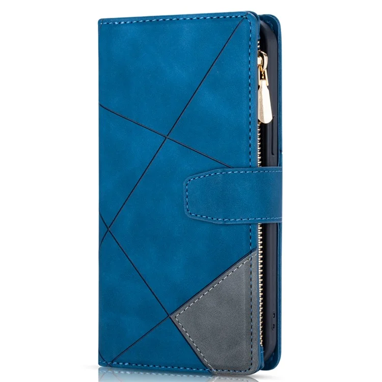 For iPhone 16 Pro Case Color Splicing Anti-Drop Leather Wallet Phone Cover - Blau