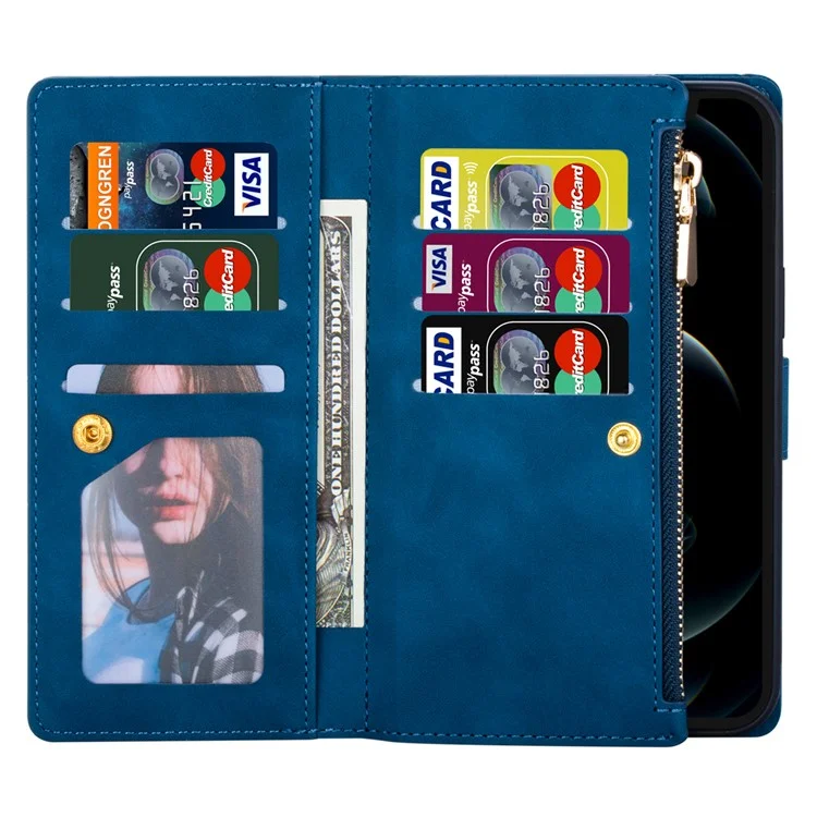 For iPhone 16 Pro Case Color Splicing Anti-Drop Leather Wallet Phone Cover - Blau