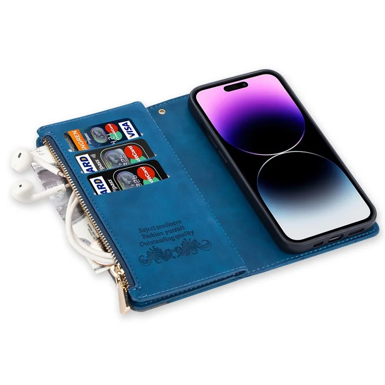 For iPhone 16 Pro Case Color Splicing Anti-Drop Leather Wallet Phone Cover - Blau