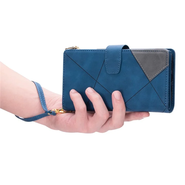For iPhone 16 Pro Case Color Splicing Anti-Drop Leather Wallet Phone Cover - Blau