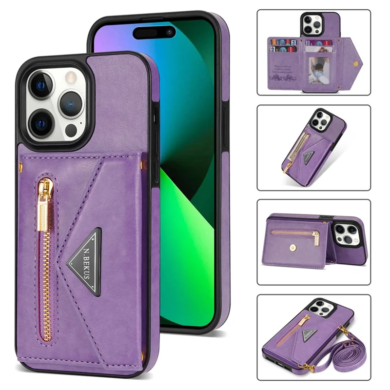 N.BEKUS For iPhone 16 Pro Max Leather Zipper Case Card Holder Phone Cover with Shoulder Strap - Purple