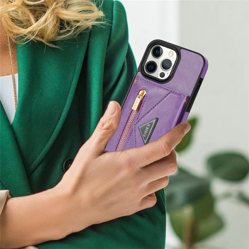 N.BEKUS For iPhone 16 Pro Max Leather Zipper Case Card Holder Phone Cover with Shoulder Strap - Purple