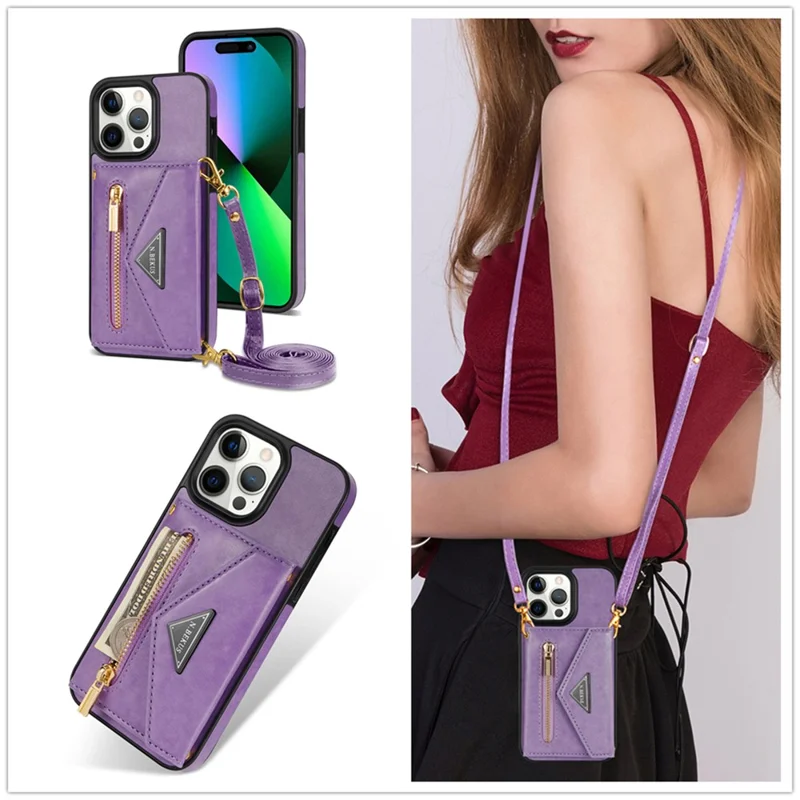 N.BEKUS For iPhone 16 Pro Max Leather Zipper Case Card Holder Phone Cover with Shoulder Strap - Purple