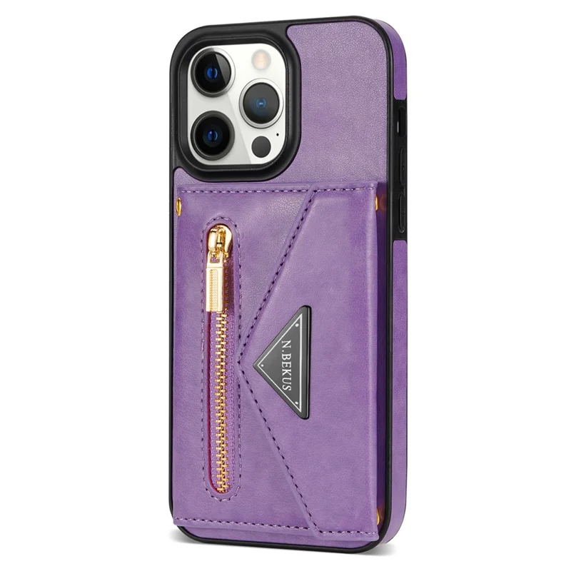 N.BEKUS For iPhone 16 Pro Max Leather Zipper Case Card Holder Phone Cover with Shoulder Strap - Purple