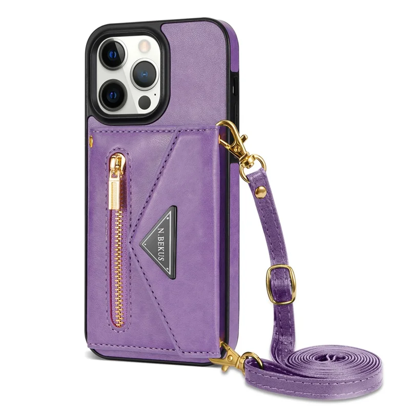 N.BEKUS For iPhone 16 Pro Max Leather Zipper Case Card Holder Phone Cover with Shoulder Strap - Purple