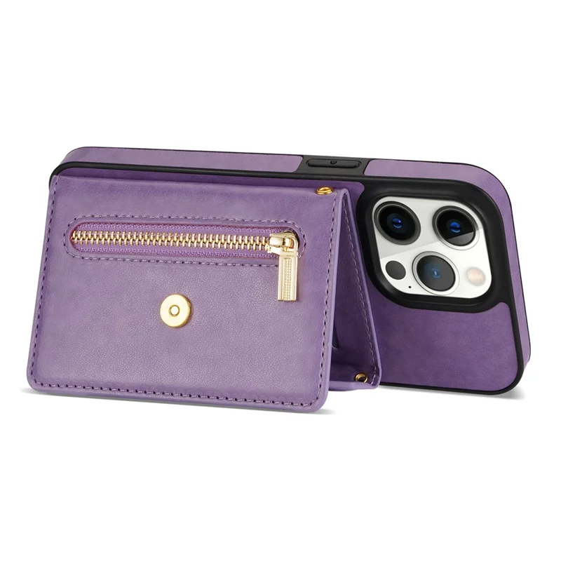N.BEKUS For iPhone 16 Pro Max Leather Zipper Case Card Holder Phone Cover with Shoulder Strap - Purple