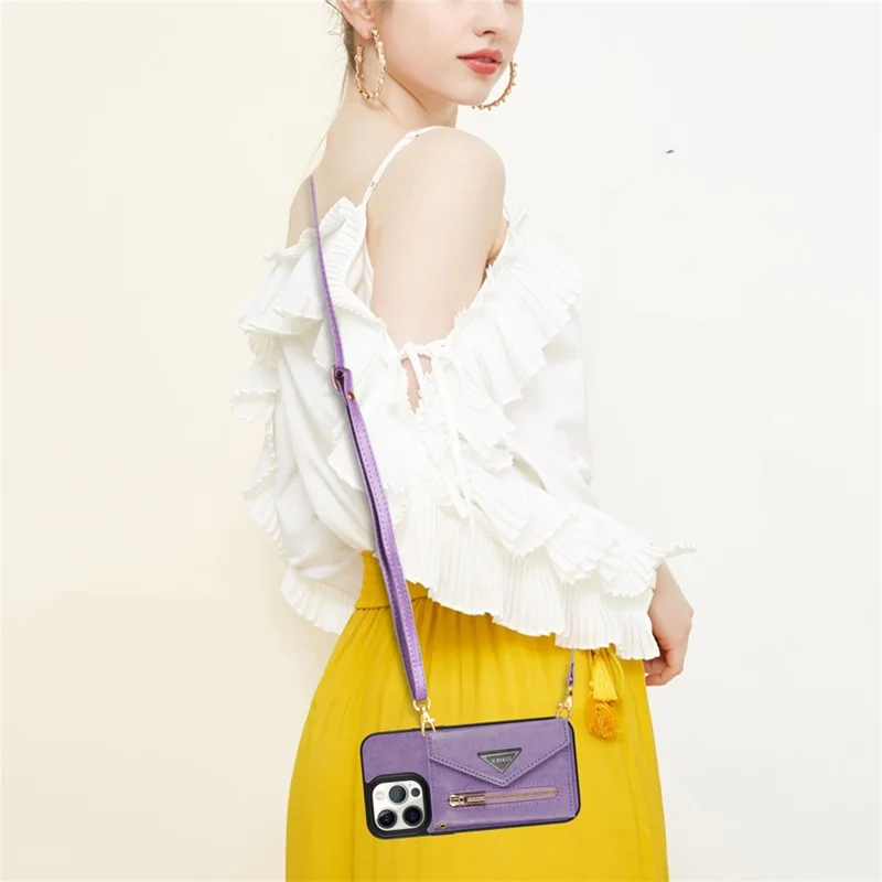 N.BEKUS For iPhone 16 Pro Max Leather Zipper Case Card Holder Phone Cover with Shoulder Strap - Purple