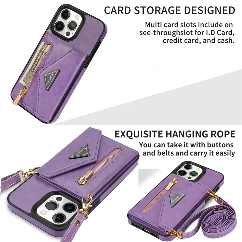 N.BEKUS For iPhone 16 Pro Max Leather Zipper Case Card Holder Phone Cover with Shoulder Strap - Purple