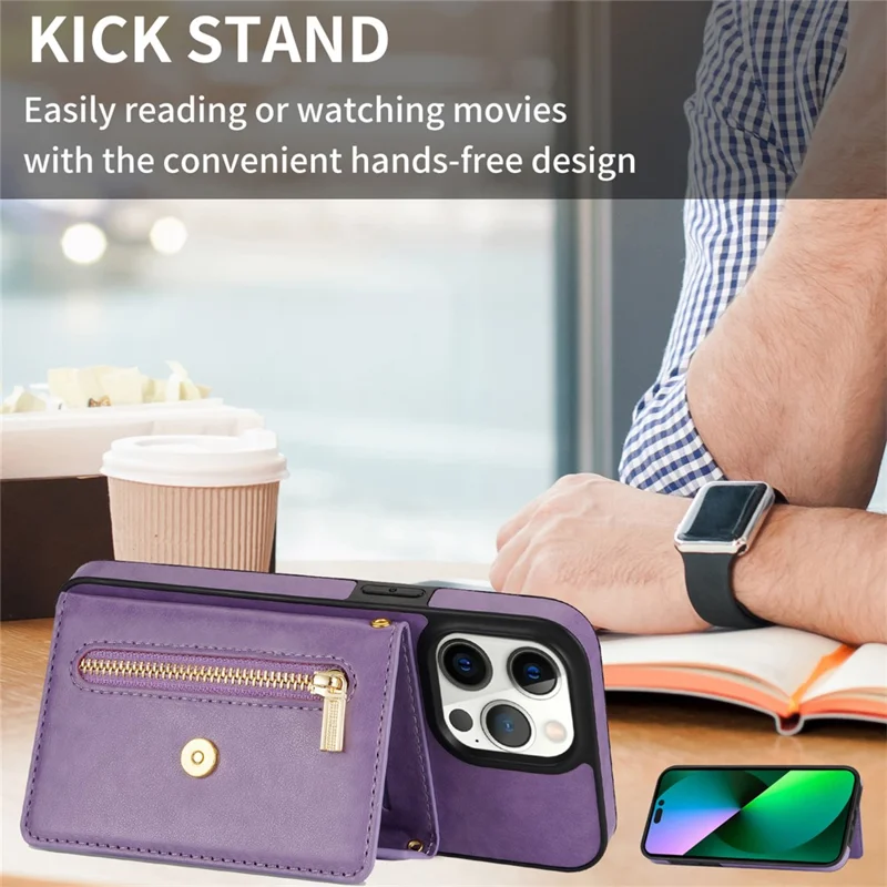 N.BEKUS For iPhone 16 Pro Max Leather Zipper Case Card Holder Phone Cover with Shoulder Strap - Purple