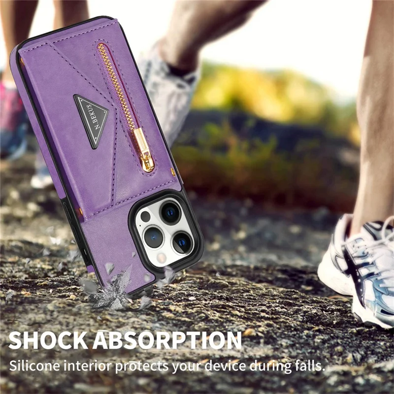N.BEKUS For iPhone 16 Pro Max Leather Zipper Case Card Holder Phone Cover with Shoulder Strap - Purple