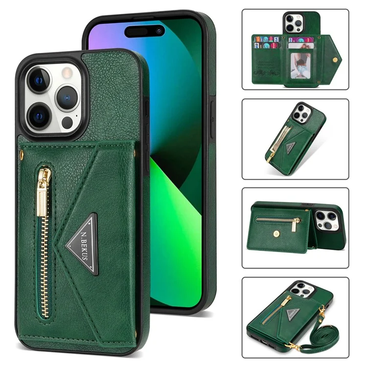 N.BEKUS Funda para iPhone 16 Pro con ranura para tarjeta, cremallera y cartera de piel con correa para el hombro - Verde