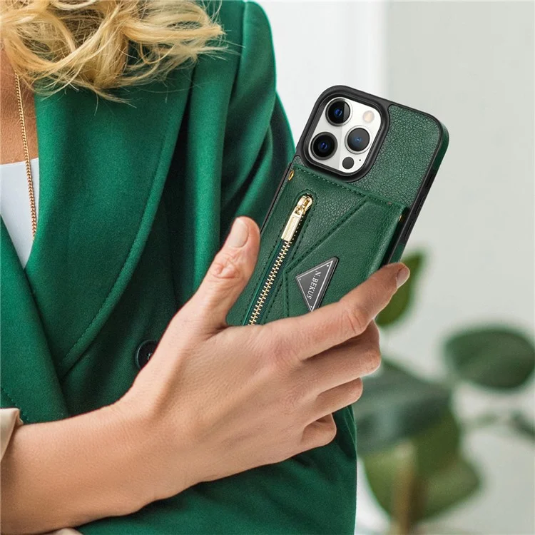 N.BEKUS Funda para iPhone 16 Pro con ranura para tarjeta, cremallera y cartera de piel con correa para el hombro - Verde