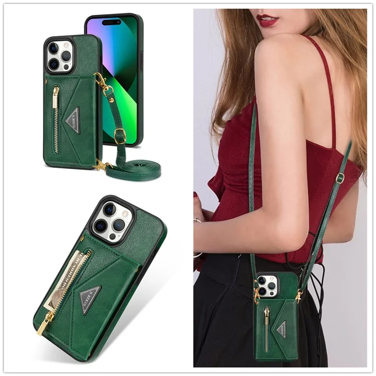 N.BEKUS Funda para iPhone 16 Pro con ranura para tarjeta, cremallera y cartera de piel con correa para el hombro - Verde