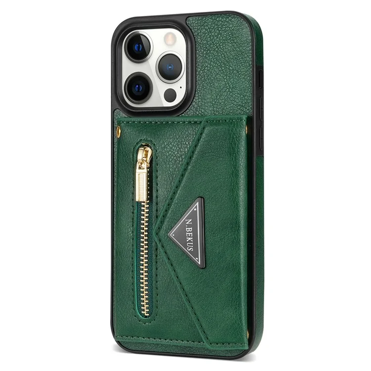 N.BEKUS Funda para iPhone 16 Pro con ranura para tarjeta, cremallera y cartera de piel con correa para el hombro - Verde