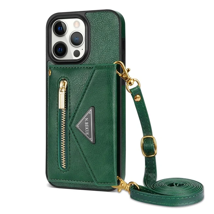 N.BEKUS Funda para iPhone 16 Pro con ranura para tarjeta, cremallera y cartera de piel con correa para el hombro - Verde