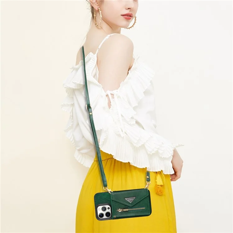 N.BEKUS Funda para iPhone 16 Pro con ranura para tarjeta, cremallera y cartera de piel con correa para el hombro - Verde