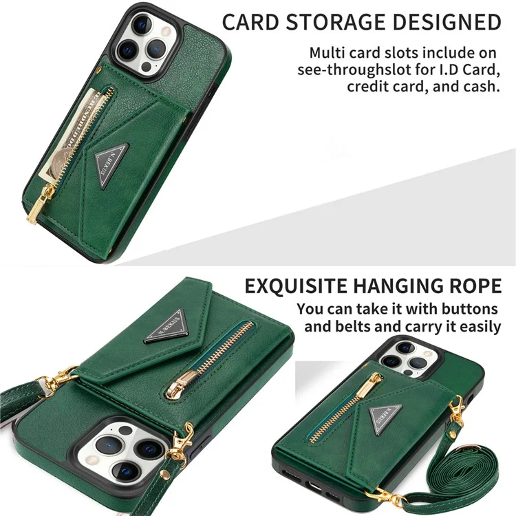 N.BEKUS Funda para iPhone 16 Pro con ranura para tarjeta, cremallera y cartera de piel con correa para el hombro - Verde
