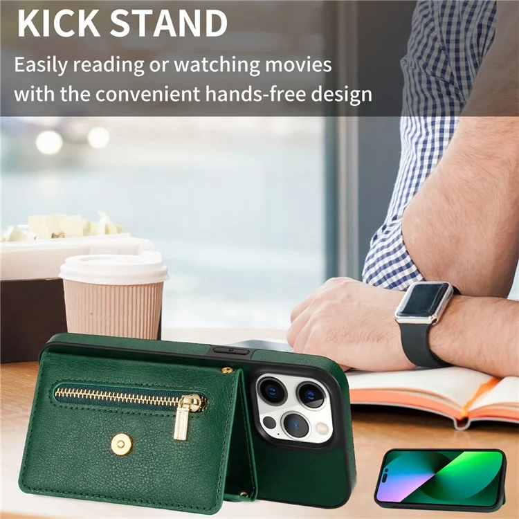 N.BEKUS Funda para iPhone 16 Pro con ranura para tarjeta, cremallera y cartera de piel con correa para el hombro - Verde
